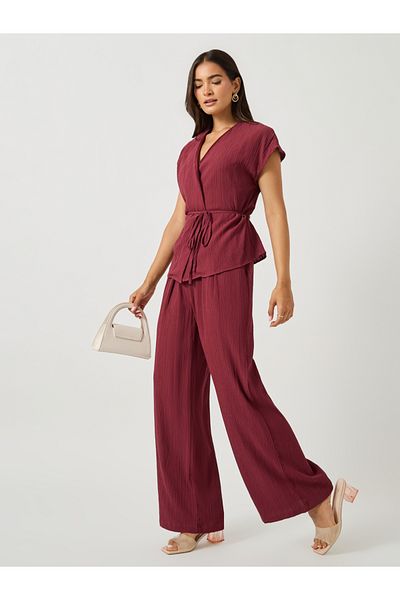 Styli Textured Wrap Tie-Up Top and Pants Co-Ords