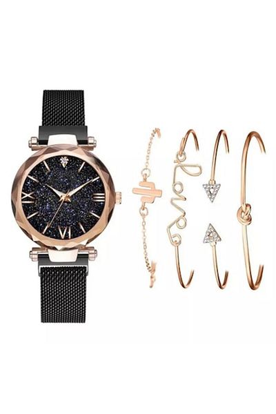 Tessero Gift set of analog watch and four women's bracelets, zirconia stones, 18K gold plated, quartz mechanism