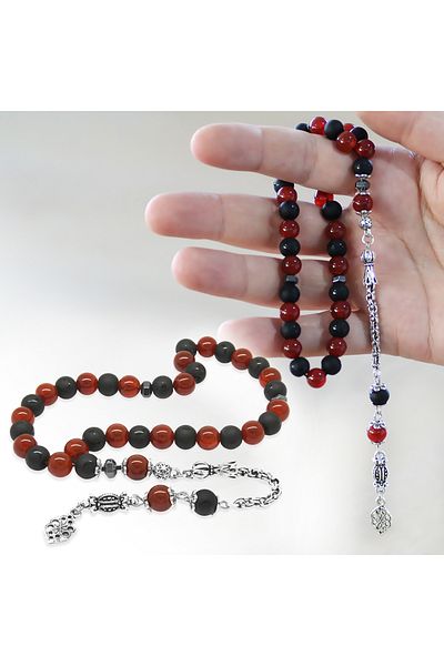 Tesbihane مطرقة معدنية مانعة للتشويه، كرة مقطوعة باللون الأحمر والأسود، حجر العقيق الطبيعي، مسبحة M1