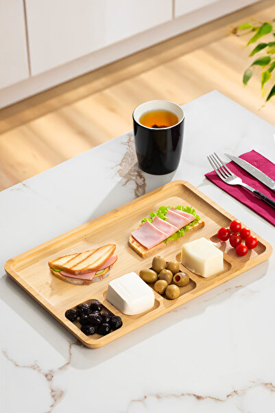 Porsima 2075 Ahşap Bambu Kahvaltı Sunum Tabağı 6 Bölmeli Kahvaltılık Çerezlik 33x22cm