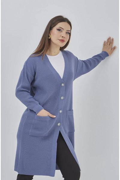 Stilmony Women's Knitwear Flexible Lycra Seasonal Button Detailed Pocketed Long Cardigan