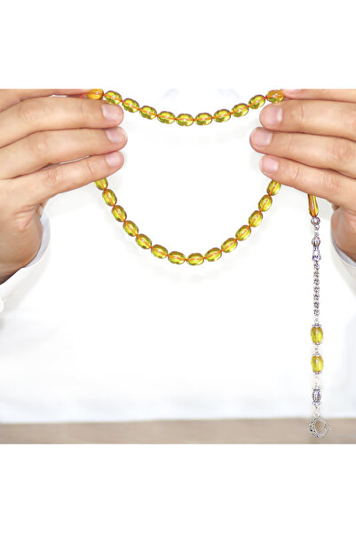 Tesbihane Non-Tarnish Metal Albanian Chain Tassel Pheasant Imame Beyzi Cut Yellow Catalin Prayer Beads