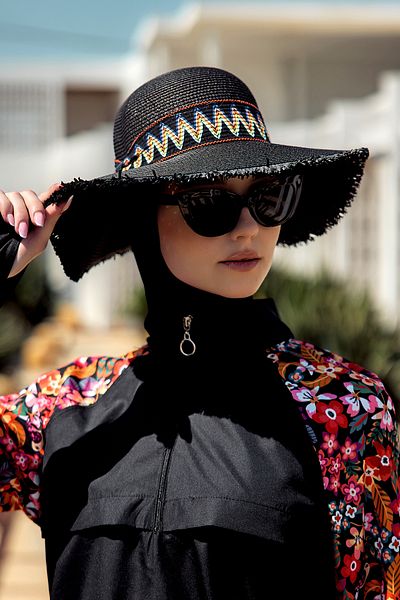 Remsa Mayo Straw Hat Beach Hat with Tassel Zigzag Stripe Detail on the Edge Rş-2101 Black