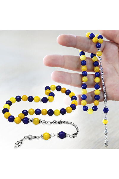 Tesbihane 925 проба срібла, ланцюжок Foxtail з китицями, куля з вирізом, жовтий і синій нефрит, натуральний камінь, четка для вболівальників