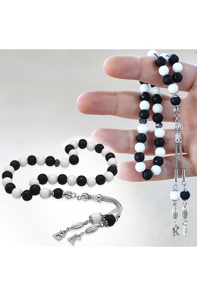 Tesbihane خرز معدني غير قابل للتلطيخ، حرف اسم، شرابة، قطع كروية، أسود، أبيض، اليشم، نجمة القمر، العقيق، حجر طبيعي، مسبحة