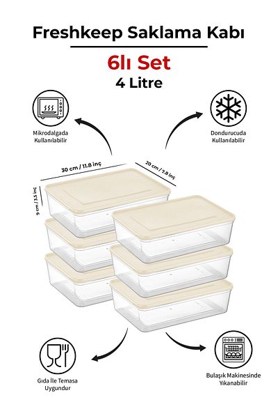 bizimevde 6-Piece Storage Container 4 Liter Deep Freezer Microwave Compatible