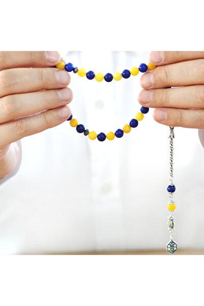 Tesbihane Tarnish-Free Metal Albanian Chain Tassel Sphere Cut Yellow Navy Blue Jade Natural Stone Fan Prayer Beads M1