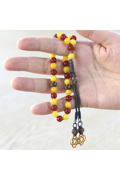 Tesbihane 1000 Sterling Silver Kazaz Tasseled Sphere Cut Yellow Red Jade Agate Natural Stone Fan Prayer Beads