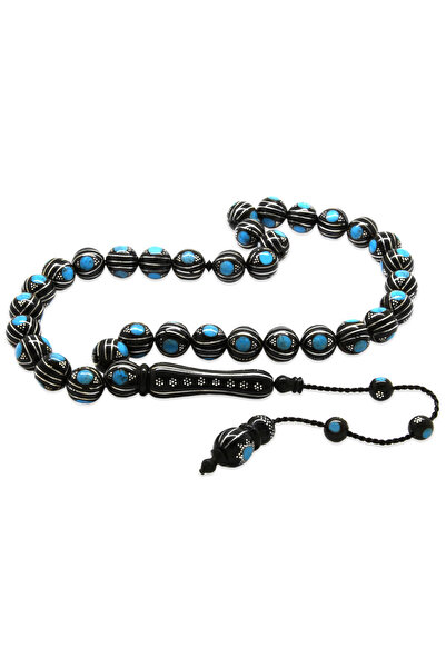 Tesbihane Premium Kutulu Sistemli 925 Ayar Gümüş Çakım Mavi Mine İşlemeli Sultan İşi Koleksiyonluk Kuka Tesbih