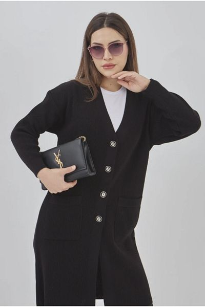 Stilmony Women's Knitwear Flexible Lycra Seasonal Button Detailed Pocketed Long Cardigan