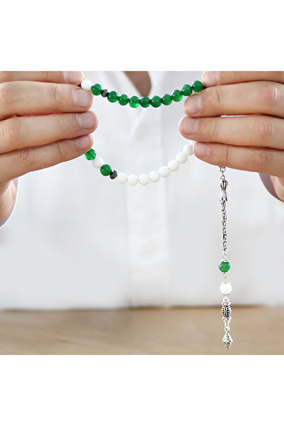 Tesbihane Tarnish Free Metal Albanian Chain Tassel Sphere Cut Green White Jade Natural Stone Fan Prayer Beads M2