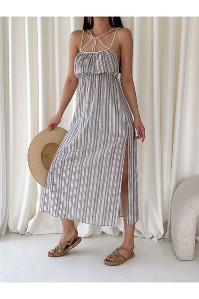 Stil Sepeti Women's Gray Striped Strap Collar Rope Detailed Elastic Waist Midi Linen Dress Tll-10047020