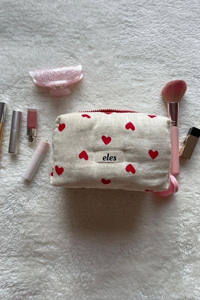 eles Heart Patterned Makeup Bag, Red Heart Cosmetic Bag, Heart Patterned Pen Holder