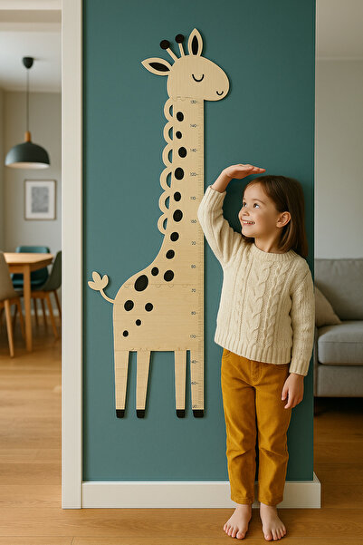 karbonsoft Sevimli Zürafa Şekilli Ahşap Boy Ölçer - Montessori Çocuk Odası Dekoru