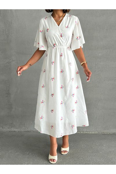 Lusin Rochie de vară cu mâneci scurte, cu model floral brodat, cu decolteu în V, piept și fustă