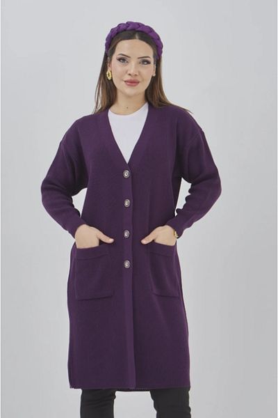 Stilmony Women's Knitwear Flexible Lycra Seasonal Button Detailed Pocketed Long Cardigan