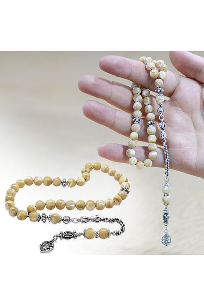 Tesbihane سبحة معدنية من الحجر الطبيعي باللون الأصفر مع شرابة على شكل سلسلة ألبانية غير قابلة للتلطيخ