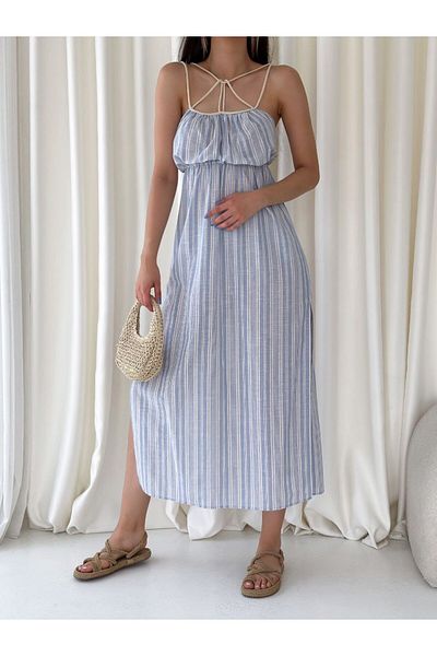 Stil Sepeti Rochie midi de in pentru femei, cu dungi albastre, cu guler cu curea, cu detaliu de frânghie, cu talie elastică TLL-10047020