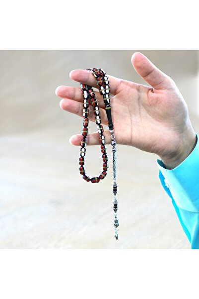 Tesbihane 925 стерлингово сребро, кралска пискюл, червено и бяло емайлирано месинг, навити капсули, нарязани молитвени броеници Кука