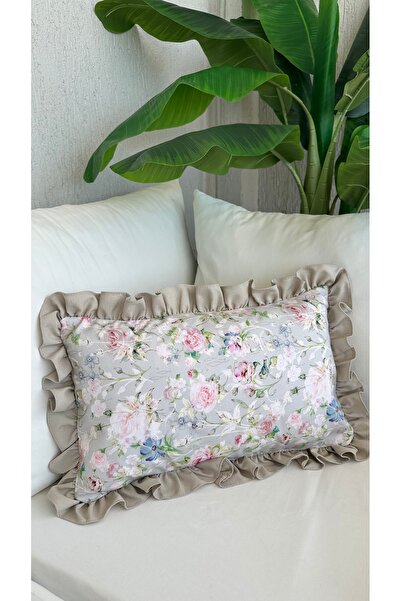Decamor home Retro Rose Patterned Beige Ruffled Throw Pillow Cover 1Pc