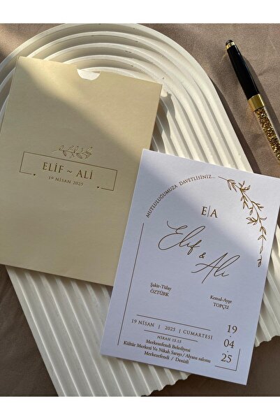 emindijital Kişiye Özel Krem Zarflı Yaldızlı Nikah, Nişan Kına, Düğün Davetiyesi
