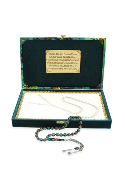 Tesbihane Premium Kutulu 925 Ayar Gümüş Püsküllü Arpa Kesim Gümüş Firuze İşle...