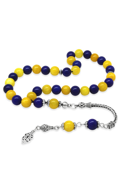 Tesbihane 925 проба срібла, ланцюжок Foxtail з китицями, куля з вирізом, жовтий і синій нефрит, натуральний камінь, четка для вболівальників