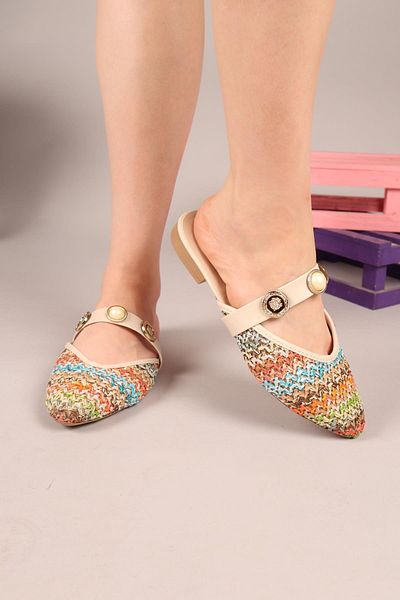 Birikon Straw Slippers with Straw Accessories Multi
