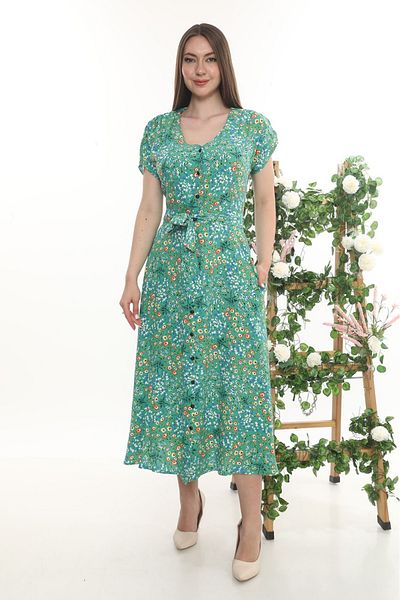 etselements Rochie roz de vară cu model de flori și curea cu nasturi 408 verde