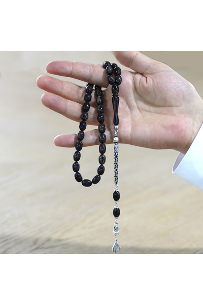 Tesbihane Ασημένια αλυσίδα 925 με φούντα από φασόλια ιμάμε Μίζι κομμένα σε γκρι - μαύρο καταλινικό ροζάριο