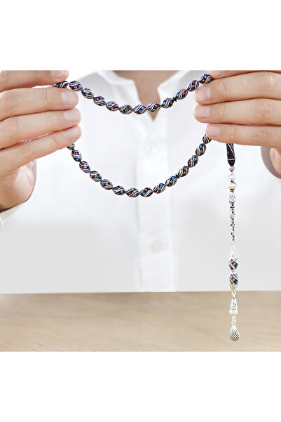 Tesbihane 925 Ayar Gümüş Kral Püsküllü Gümüş Firuze Mercan İşlemeli Arpa Kesim Erzurum Oltu Taşı Tesbih