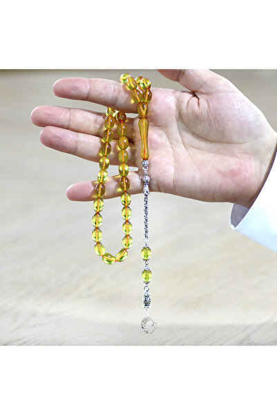Tesbihane Non-Tarnish Metal Albanian Chain Tassel Pheasant Imame Beyzi Cut Yellow Catalin Prayer Beads