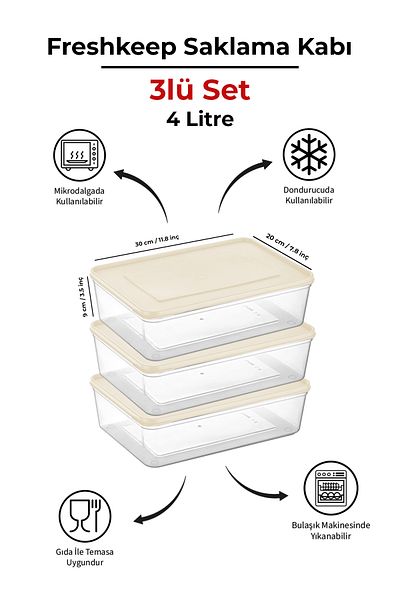 bizimevde 3-Piece Storage Container 4 Liter Deep Freezer Microwave Compatible