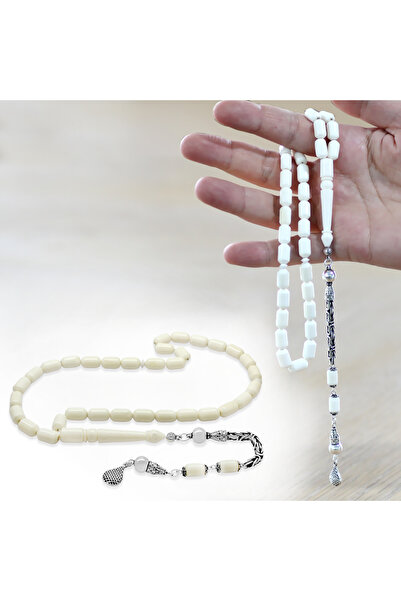 Tesbihane Ασημένιο 925 κορυφαίας ποιότητας χάντρες προσευχής με αλυσίδα και φούντες, κομμένες σε κάψουλες, λευκό χρώμα, κοκκάλινο χρώμα