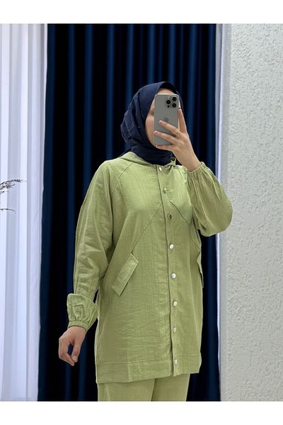 MİHRA STORE Alkım Strawberry Hooded Pocket Cover Suit-Na3387 Pistachio Green
