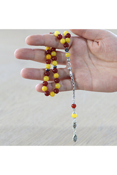 Tesbihane Tarnish Free Metal Albanian Chain with Tassel Sphere Cut Yellow Red Jade Agate Natural Stone Fan Prayer Beads M1