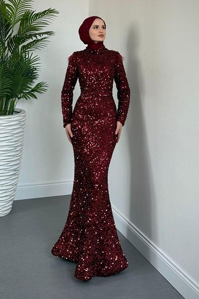 MERVEN AKYÜZ Βραδινό φόρεμα Lalin Sequined Fish Βουργουνδίας