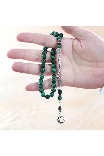 Tesbihane Non-Tarnish Metal Albanian Chain Tassel Sphere Cut Green Tiger Eye Natural Stone Prayer Beads