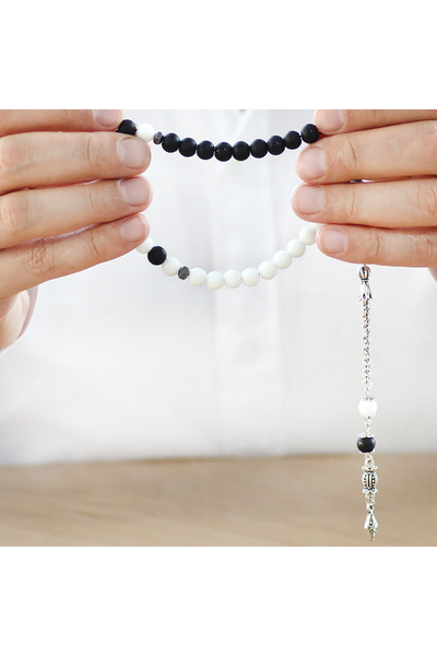 Tesbihane Non-Tarnish Metal Albanian Tassel Sphere Cut Black White Jade Moon Star Onyx Natural Stone Fan Prayer Beads M1