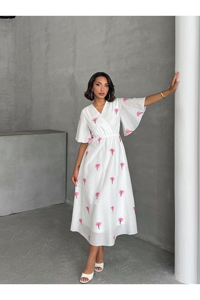 Lusin Rochie de vară cu mânecă scurtă, cu model de palmier brodat, cu decolteu în V și căptușită pe fustă