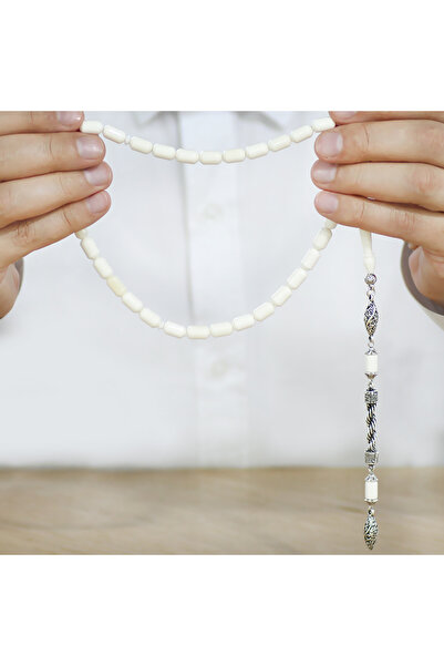 Tesbihane Non-Tarnish Metal Rope Tassel Tip Capsule Cut White Color Camel Bone Prayer Beads