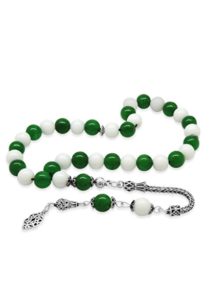 Tesbihane 925 проба срібний ланцюжок Foxtail з бахромою, кулястий виріз, зелений білий нефрит, натуральний камінь, чотки для вболівальників