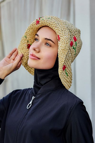 Remsa Mayo Cherry Detailed Hand Knitted Straw Hat Beach Hat Rş-2098 Beige