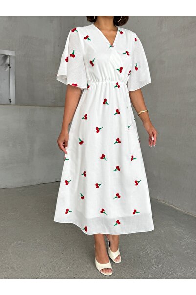 Lusin Rochie de vară cu mâneci scurte, cu model de cireș brodat, cu decolteu în V și căptușită pe fustă