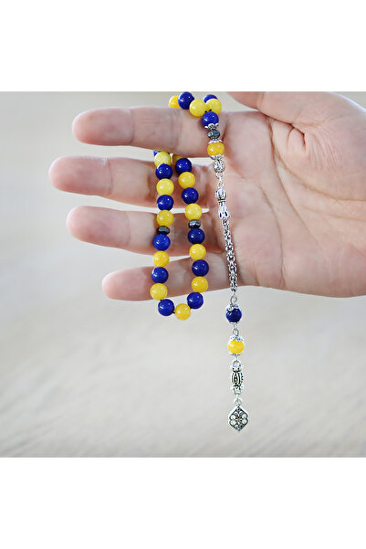 Tesbihane Tarnish-Free Metal Albanian Chain Tassel Sphere Cut Yellow Navy Blue Jade Natural Stone Fan Prayer Beads M1