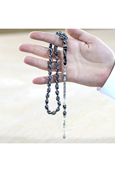 Tesbihane 925 Ayar Gümüş Kral Püsküllü Gümüş Firuze Mercan İşlemeli Arpa Kesim Erzurum Oltu Taşı Tesbih