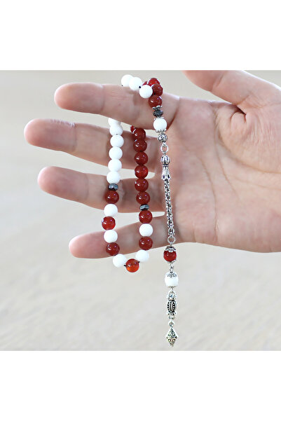 Tesbihane Non-Tarnish Metal Albanian Tassel Sphere Cut Red White Jade Agate Natural Stone Fan Prayer Beads M2