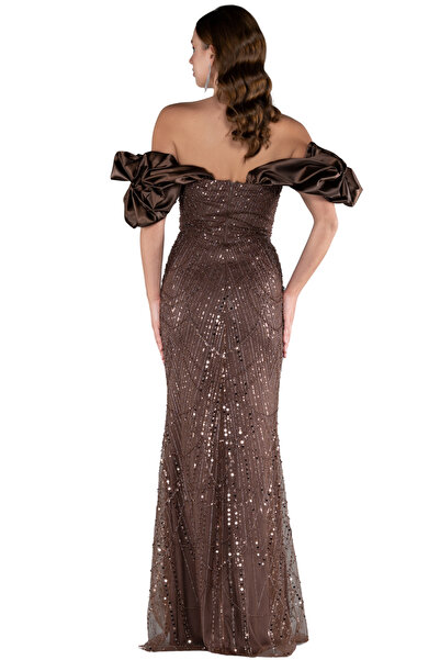 Arden Long Mermaid Evening Dress, Sequin Sequin, Strapless Boat Neck Wedding, Engagement Homecoming Dress, Brown,44-48