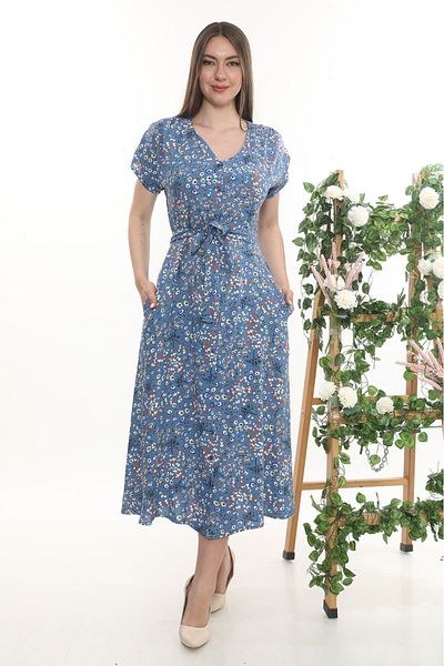 etselements Rochie roz de vară cu model de flori, cu curea cu nasturi, 408 albastru apă