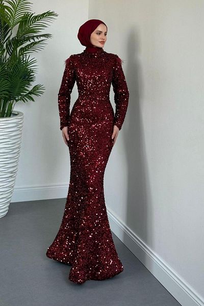 MERVEN AKYÜZ Βραδινό φόρεμα Lalin Sequined Fish Βουργουνδίας